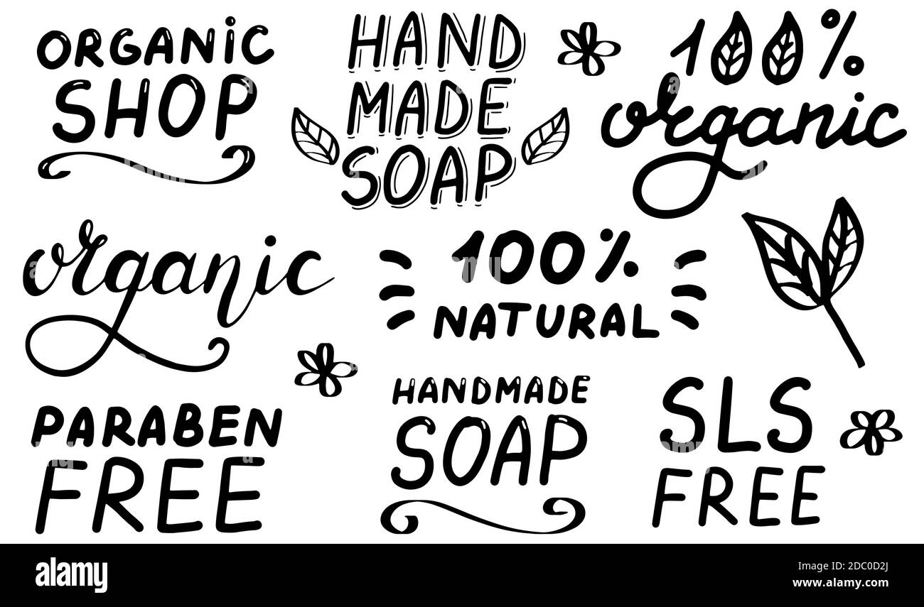 Negozio biologico. SLS senza paraben. 100% Organic.Handmade sapone logo. Concetto di prodotti naturali, alimentari, cosmetici. Icona calligrafia Illustrazione Vettoriale