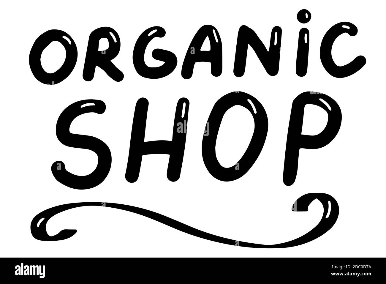 Negozio biologico. Concetto di prodotti naturali, alimentari, cosmetici. Icona calligrafia. Vector eps pennello scritto a mano testo nero trendy isolato su Illustrazione Vettoriale
