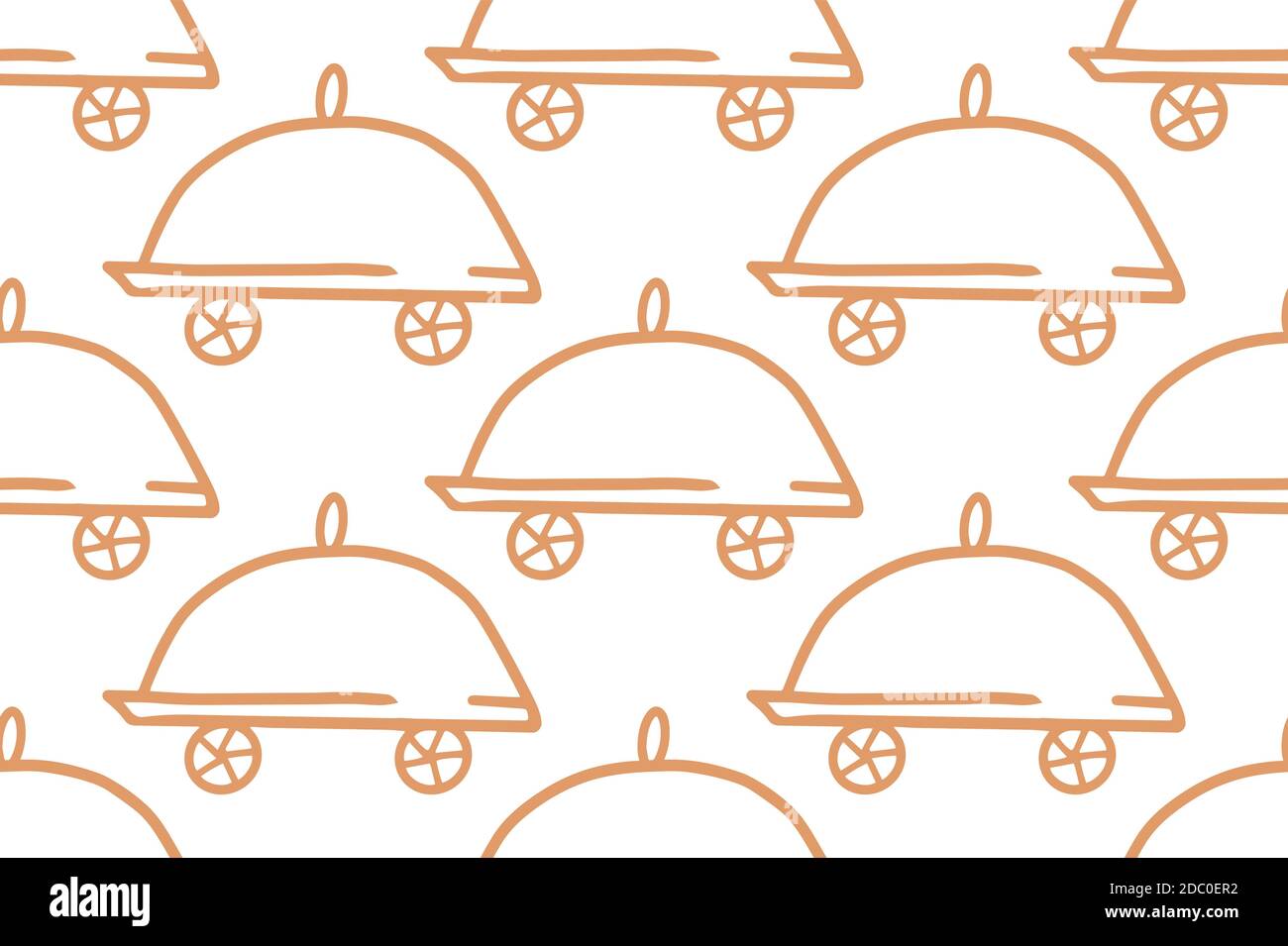 Concetto di consegna degli alimenti. Piatto arancione con ruote. Doodle illustrazioni vettoriali isolate su bianco. Ripetizione senza giunture. Illustrazione Vettoriale