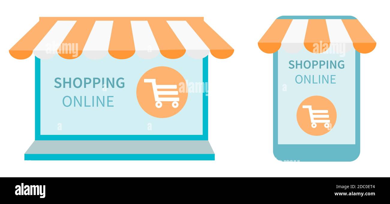 Acquisti online in un negozio online su computer portatile e sito Web, su smartphone e applicazioni mobili. Computer e telefono con tenda. Illustrazione vettoriale in Illustrazione Vettoriale