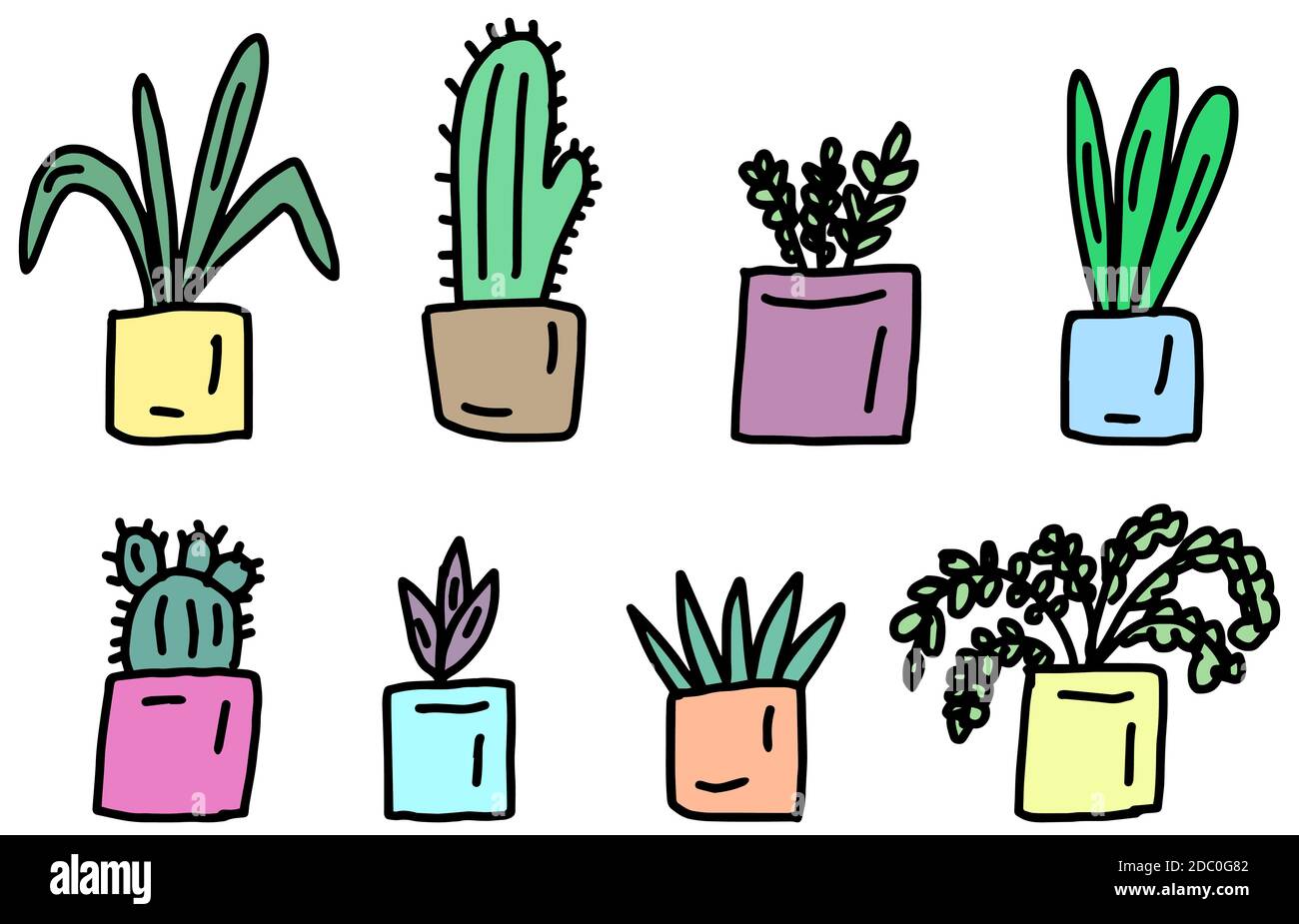Set di piante di casa carino in pentole, disegno a mano. Colorato set botanico in stile doodle. Illustrazione vettoriale isolata su sfondo bianco. Illustrazione Vettoriale