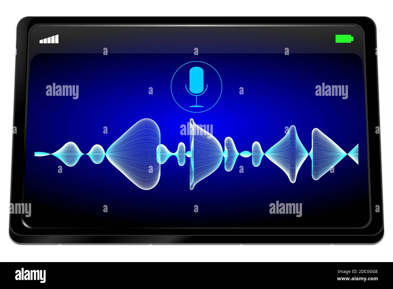 Tablet computer con riconoscimento vocale su desktop blu - illustrazione 3D Foto Stock