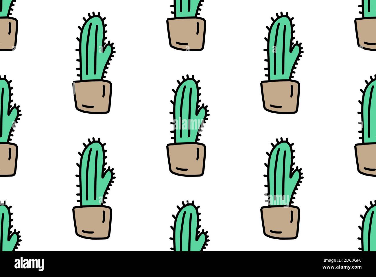 Cute cactus in vaso modello senza giunture. Pianta casa colorata in stile doodle. Per il tuo tessuto, il design tessile, la carta da imballaggio o la carta da parati. Illustrazione Vettoriale