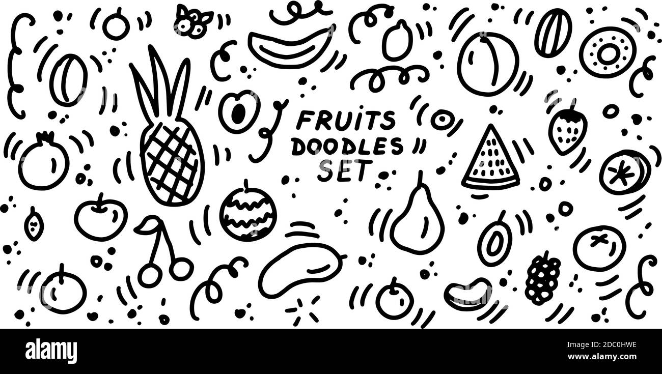 Frutta doodles icona set. Raccolta di schizzi di frutta e frutti di bosco. Set di icone cartoon con linee disegnate a mano. Per ristoranti, caffè, menu, stampe tessili Illustrazione Vettoriale