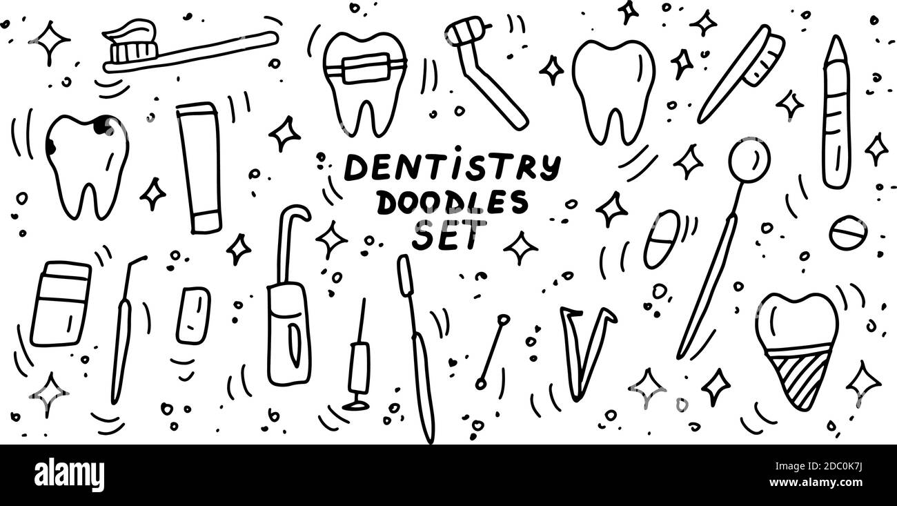 Set di icone odontoiatria doodles. Linee disegnate a mano stomatologia, odontologia, cartoni animati raccolta. Denti, protesi dentarie, ortodontici, strumenti dentali Illustrazione Vettoriale