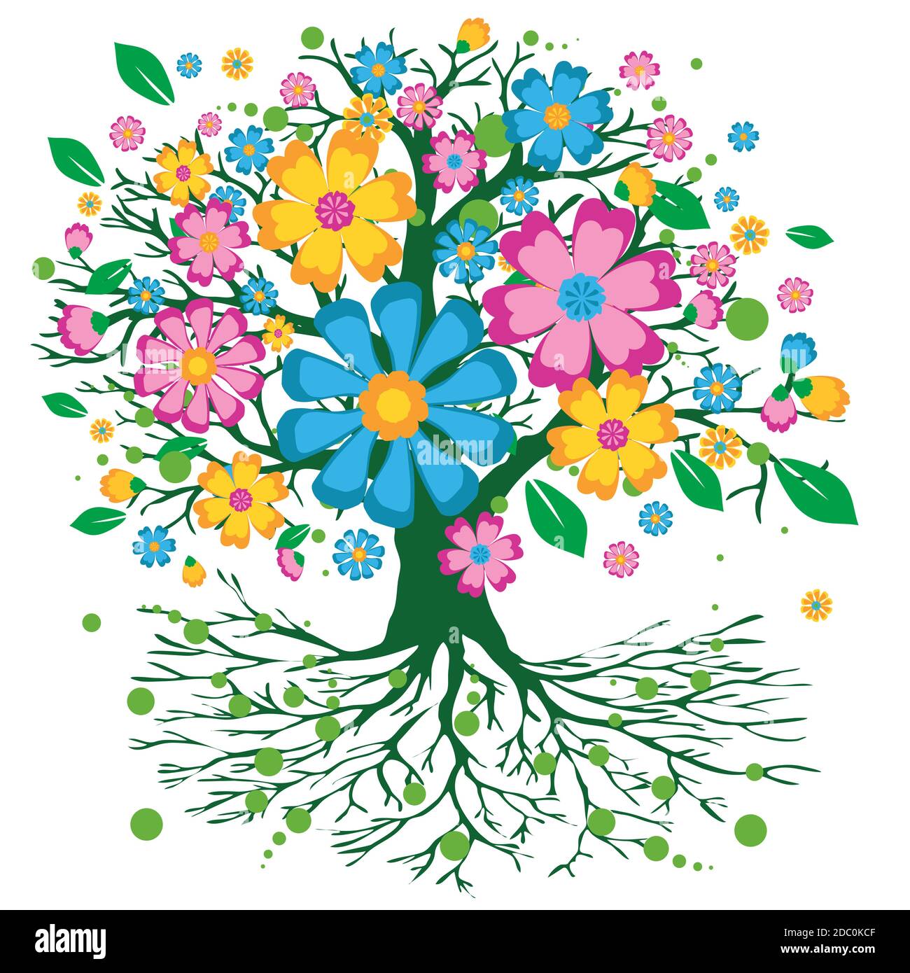 Un albero colorato di vita con una corona piena di fiori colorati. Lo sfondo è bianco Illustrazione Vettoriale