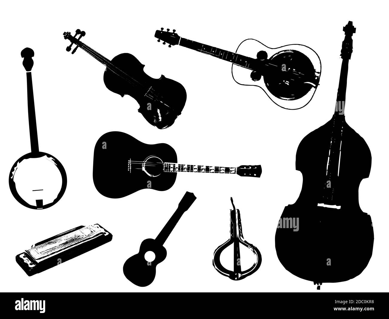 Una raccolta di musica bluegrass tipici strumenti musicali in silhouette su uno sfondo bianco Foto Stock