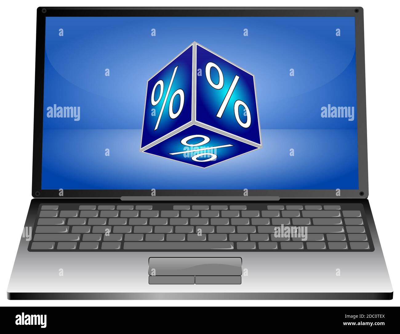 Computer portatile con pulsante di sconto sul desktop blu - illustrazione 3D Foto Stock