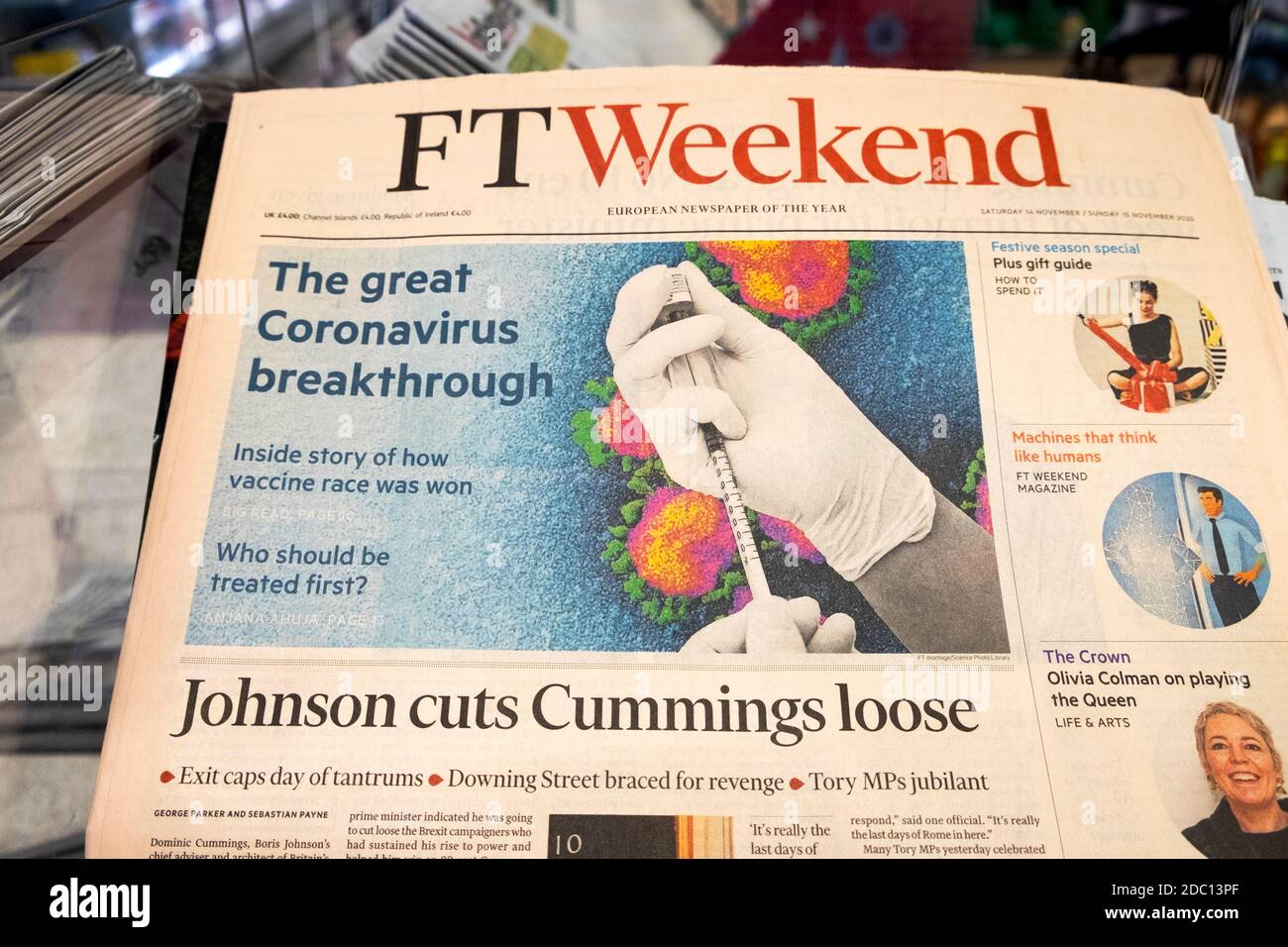 FTWeekend Financial Times, titolo del giornale "The Great Coronavirus Breakthrough" Covid 19 vaccino in prima pagina e Dominic Cummings London UK Foto Stock