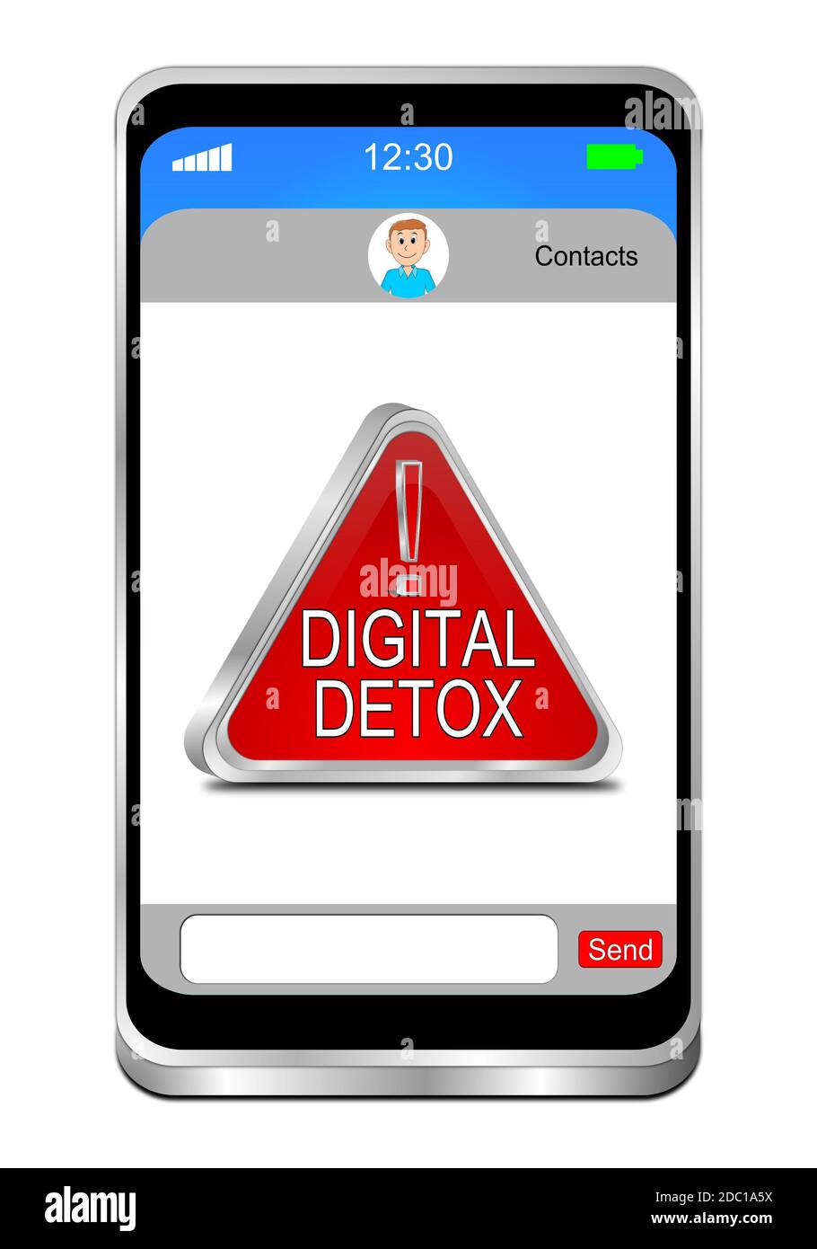 Smartphone con detox digitale rosso - segnale social media su display bianco - illustrazione 3D Foto Stock