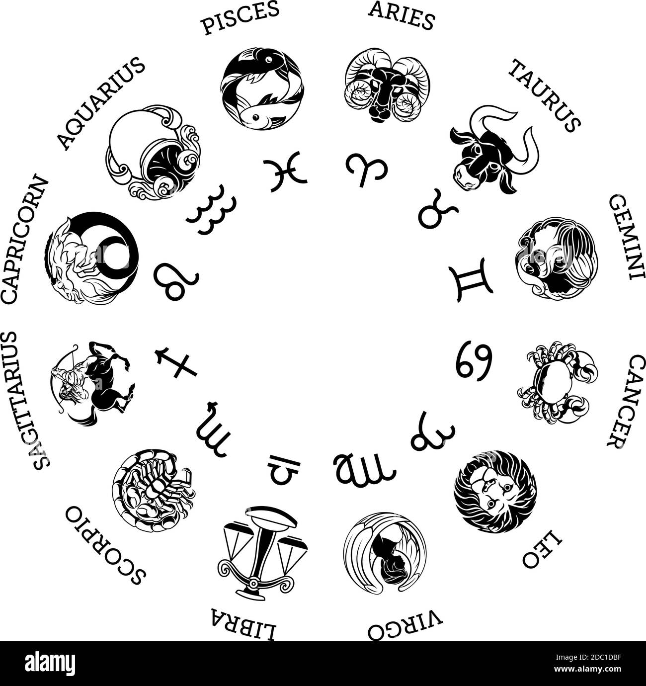 Astrologia oroscopo zodiaco stella segni simboli set Illustrazione Vettoriale