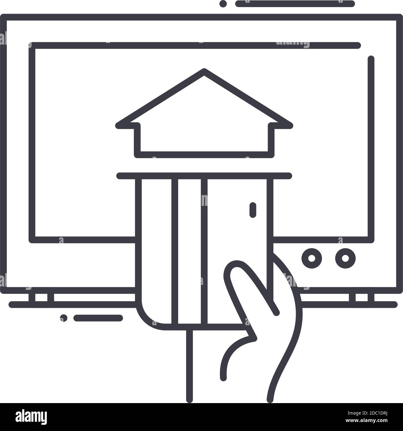Icona di pagamento al computer, illustrazione lineare isolata, vettore a linee sottili, segno di disegno web, simbolo di concetto di contorno con tratto modificabile su bianco Illustrazione Vettoriale
