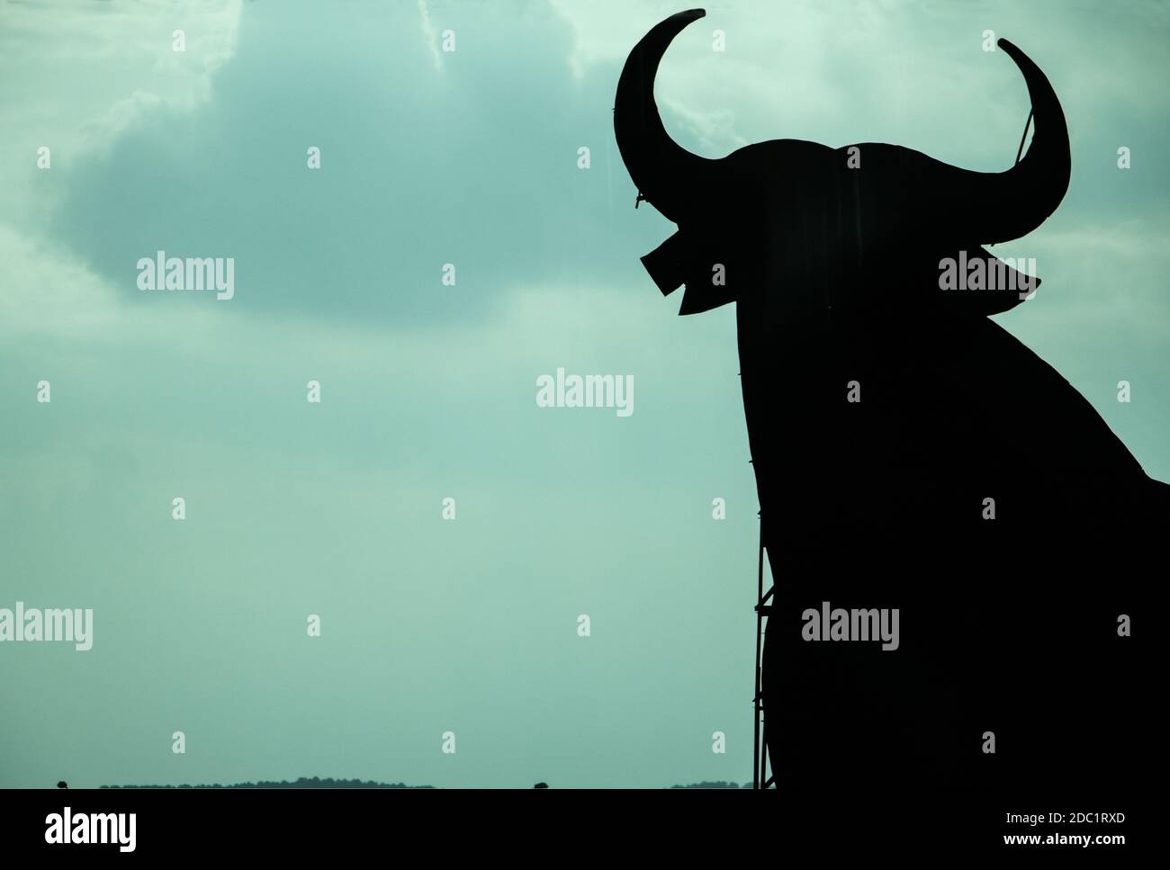 Testa di un toro che si accala ad ovest di Madrid, Spagna ('Osborne Bull') Foto Stock