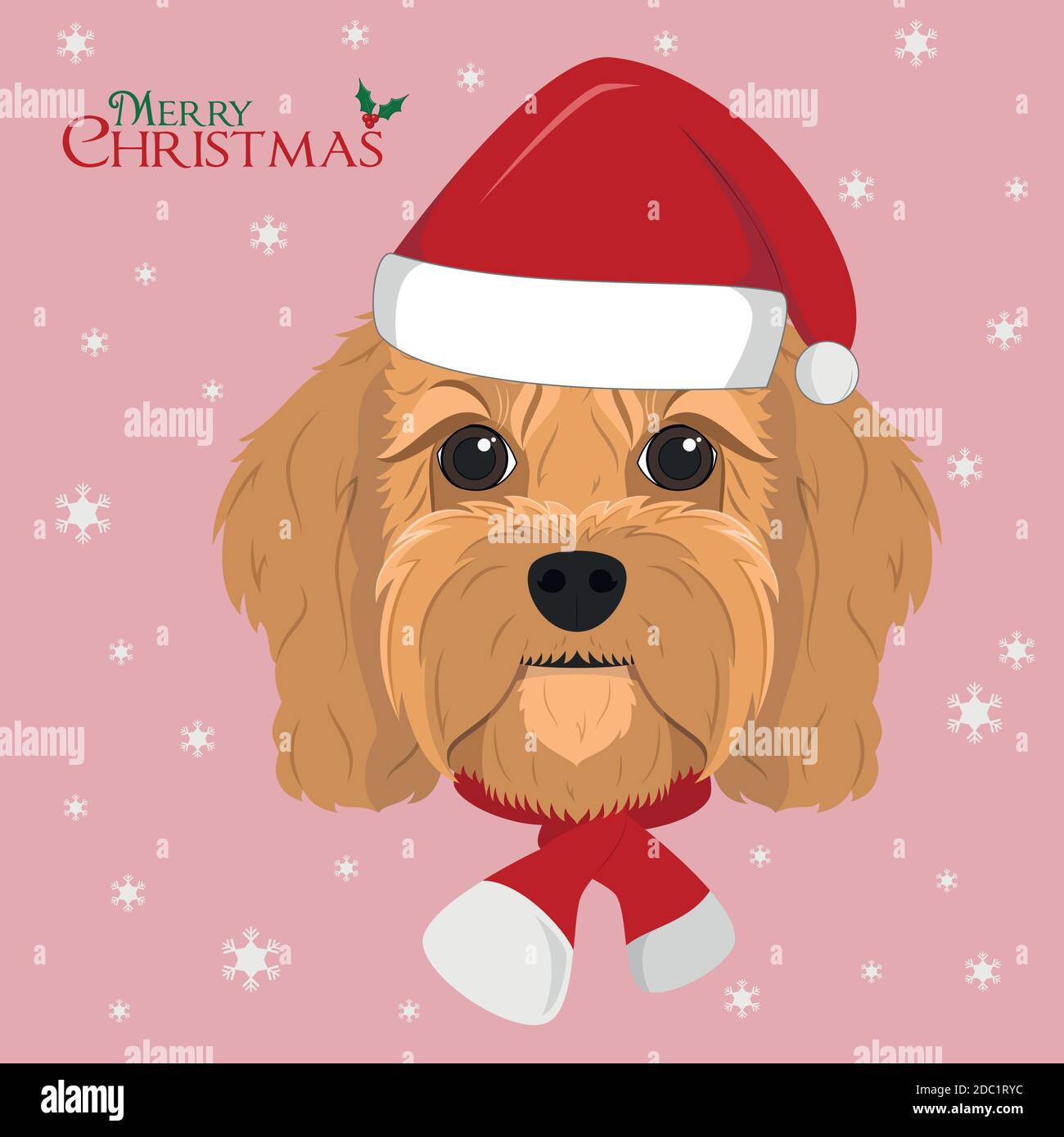 Biglietto d'auguri di Natale. Cane Cavoodle con cappello rosso Santa´s e sciarpa di lana per l'inverno Illustrazione Vettoriale