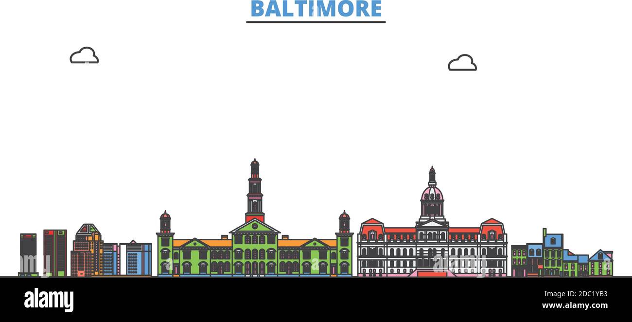 Stati Uniti, Baltimore linea paesaggio urbano, vettore piatto. Punto di riferimento della città di viaggio, illustrazione dell'oltino, icone del mondo di linea Illustrazione Vettoriale