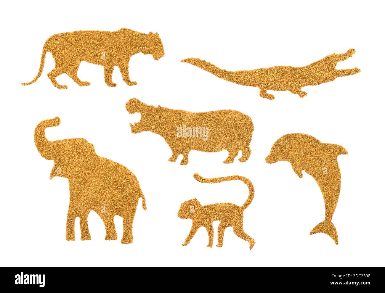 Collezione di animali selvatici dorati fatti di glitter Foto Stock
