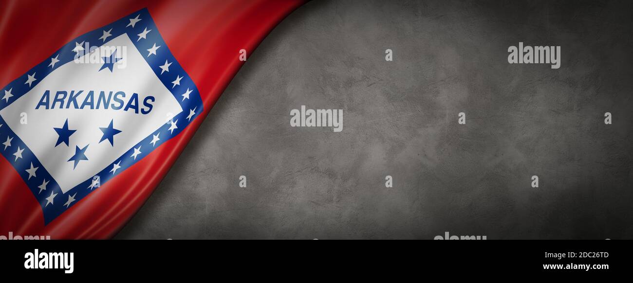 Bandiera dell'Arkansas su banner parete in cemento, Stati Uniti. Illustrazione 3D Foto Stock