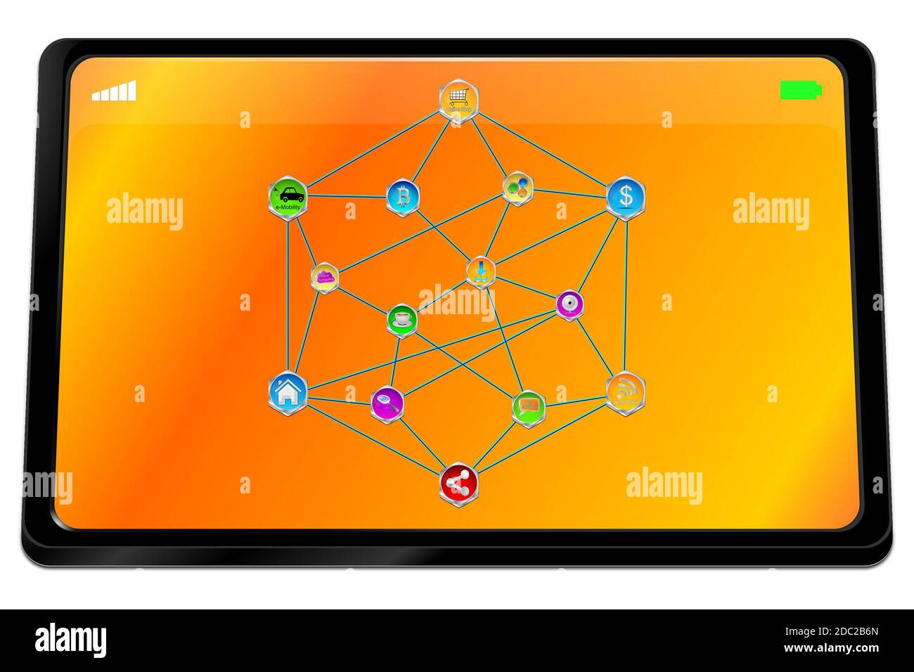 Tablet computer con intelligenza artificiale, Internet of Things su desktop arancione - illustrazione 3D Foto Stock