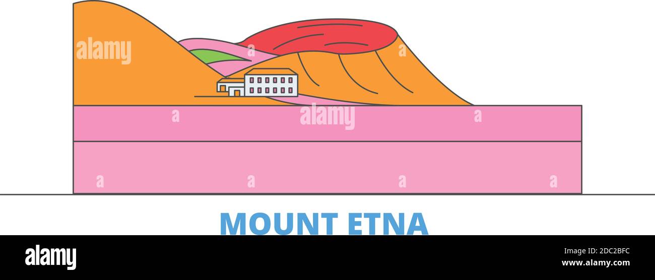Italia, linea Etna paesaggio urbano, vettore piano. Punto di riferimento della città di viaggio, illustrazione dell'oltino, icone del mondo di linea Illustrazione Vettoriale