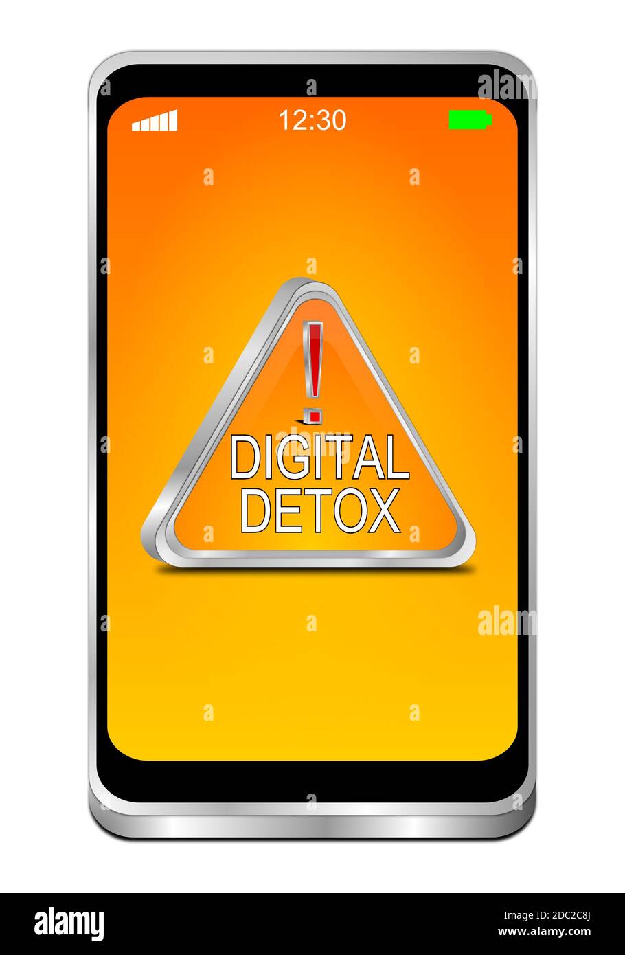 Smartphone con pulsante Digital Detox arancione sul display arancione - illustrazione 3D Foto Stock