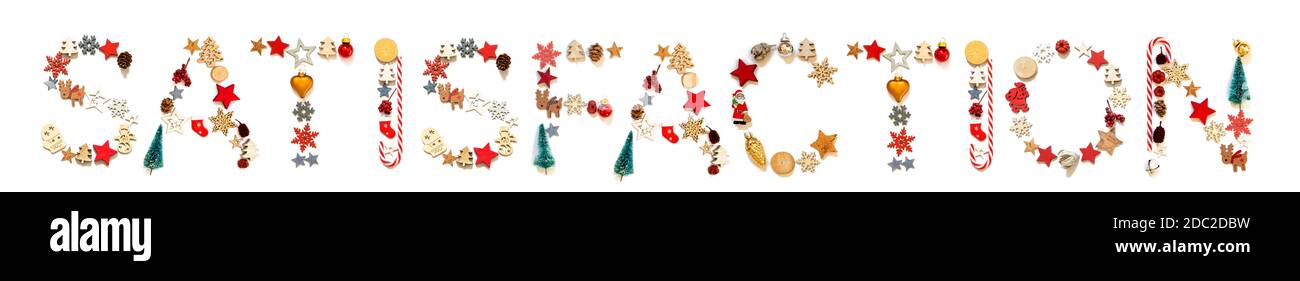 Colorata decorazione di Natale lettera costruzione inglese parola soddisfazione. Ornamento festivo come albero di Natale, stella e palla. Backgroun bianco isolato Foto Stock