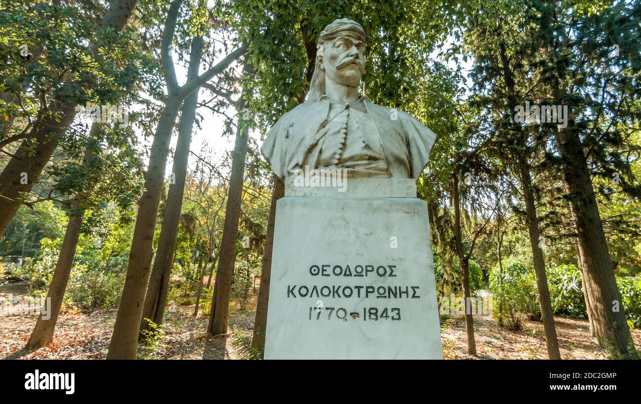 Theodoros Kolokotronis, uno dei leader più importanti della rivoluzione liberazionale greca del 1821, situato nel parco di Pedion tou Areos, ad Atene Foto Stock