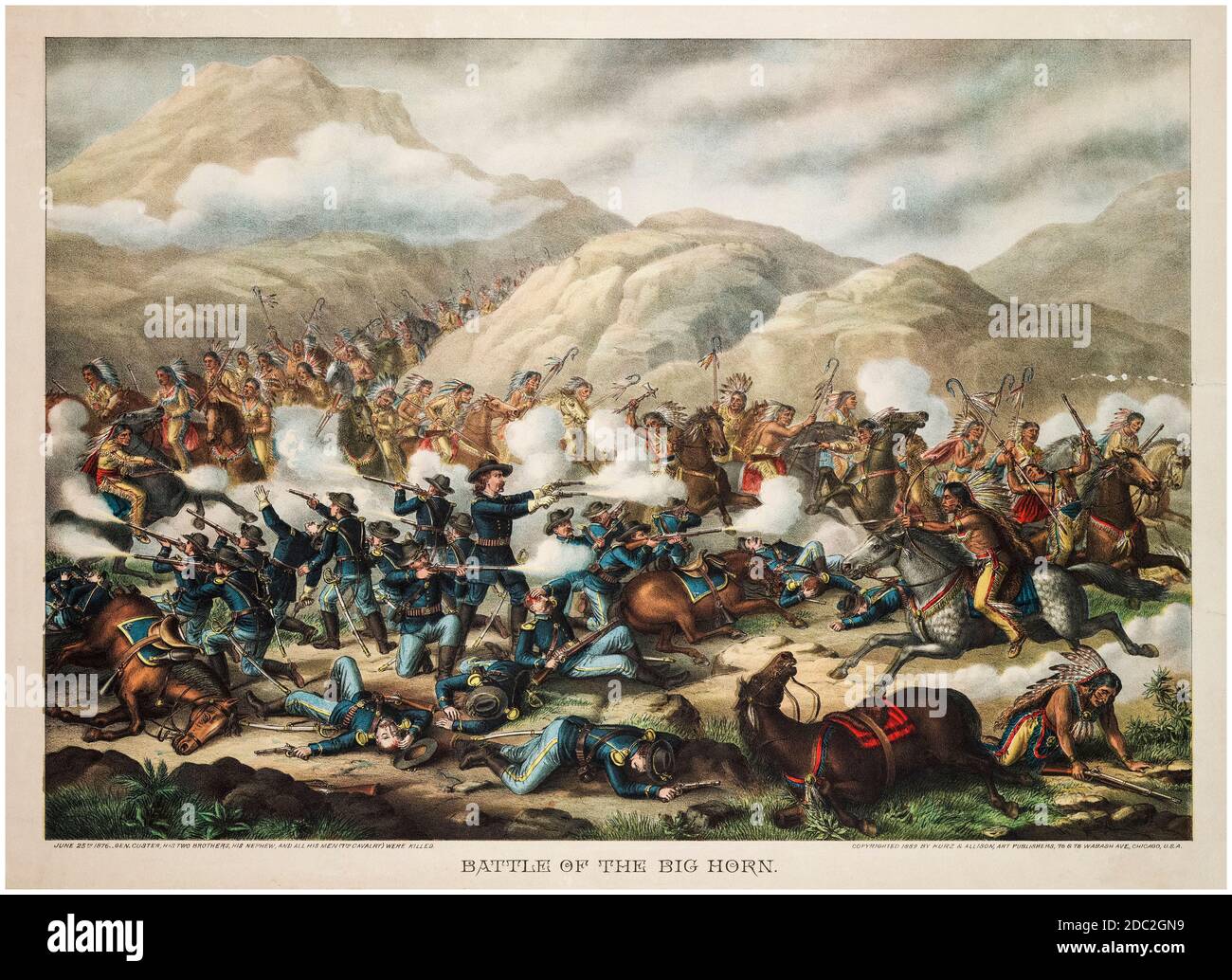 Battle of the Little Bighorn, 25 giugno 1876, Custer's Last Stand, stampa di Kurz e Allison, 1889 Foto Stock