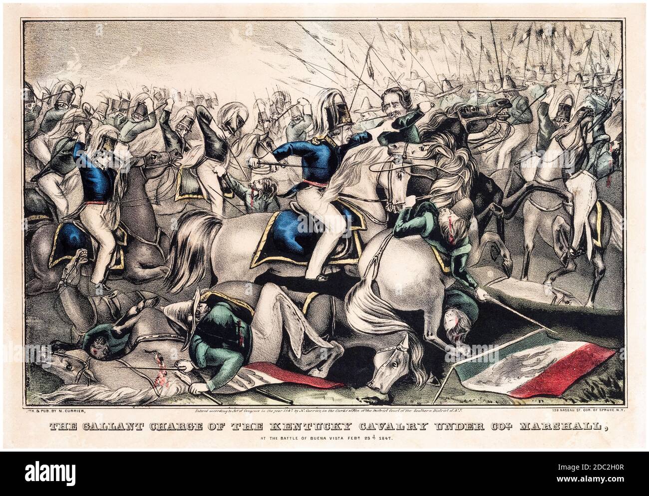 La carica gallante della cavalleria del Kentucky sotto il colonnello Marshall alla battaglia di Buena Vista, 23 febbraio 1847, (battaglia di Angostura), guerra messicano-americana (1846-1848), stampa da Nathaniel Currier, 1847 Foto Stock