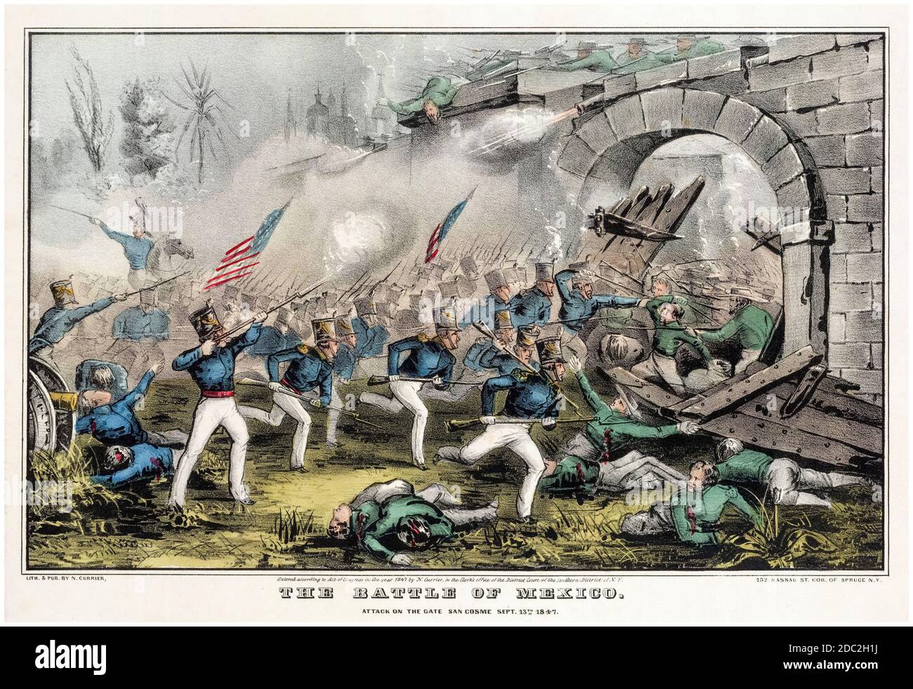 Battaglia per Città del Messico: Attacco alla porta di San Cosme, 13 settembre 1847, stampa di Nathaniel Currier, 1847 Foto Stock