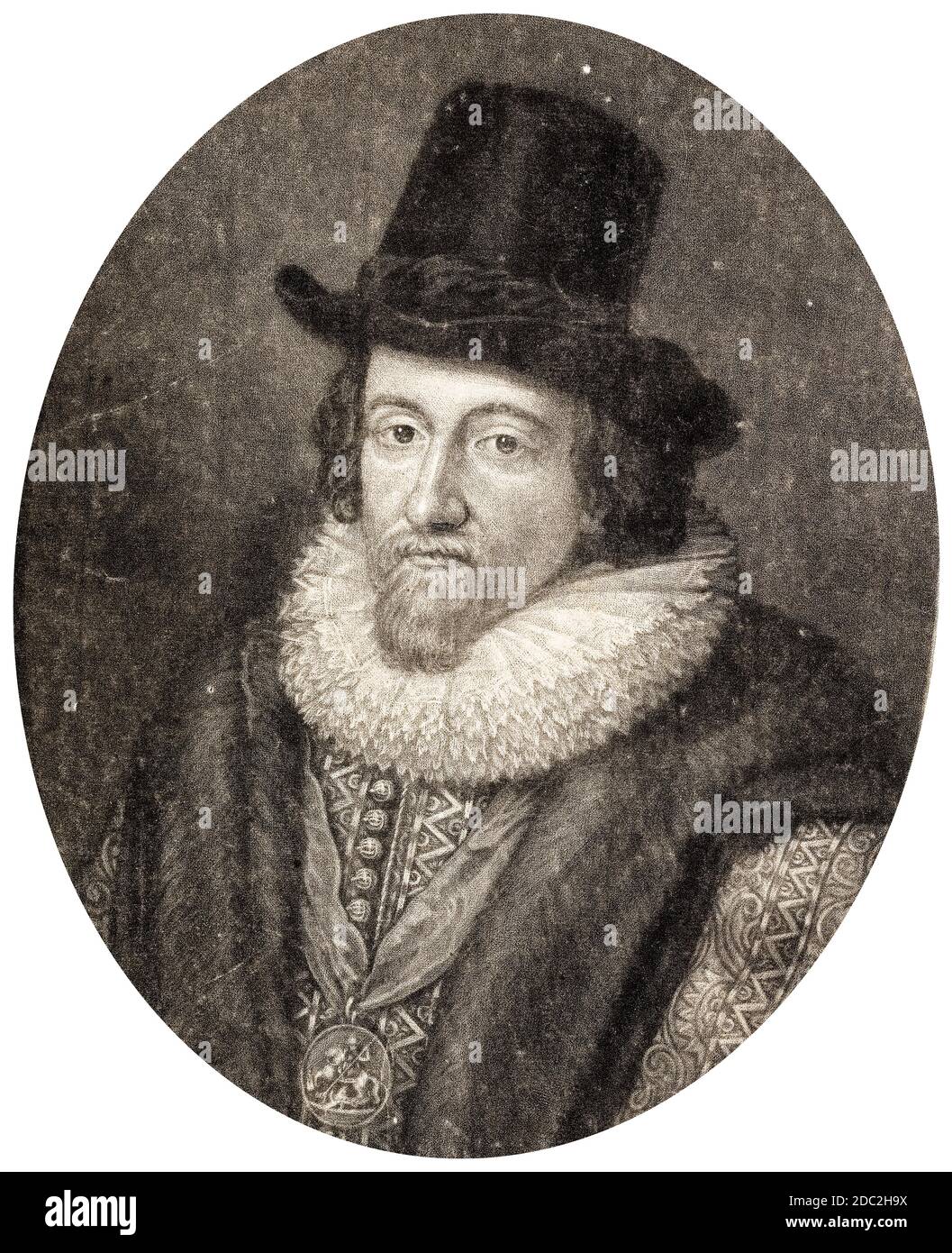 Sir Francis Bacon (1561-1626), 1st Visconte St Albans, filosofo e statista inglese, stampa mezzotinta ritratto, non datata Foto Stock
