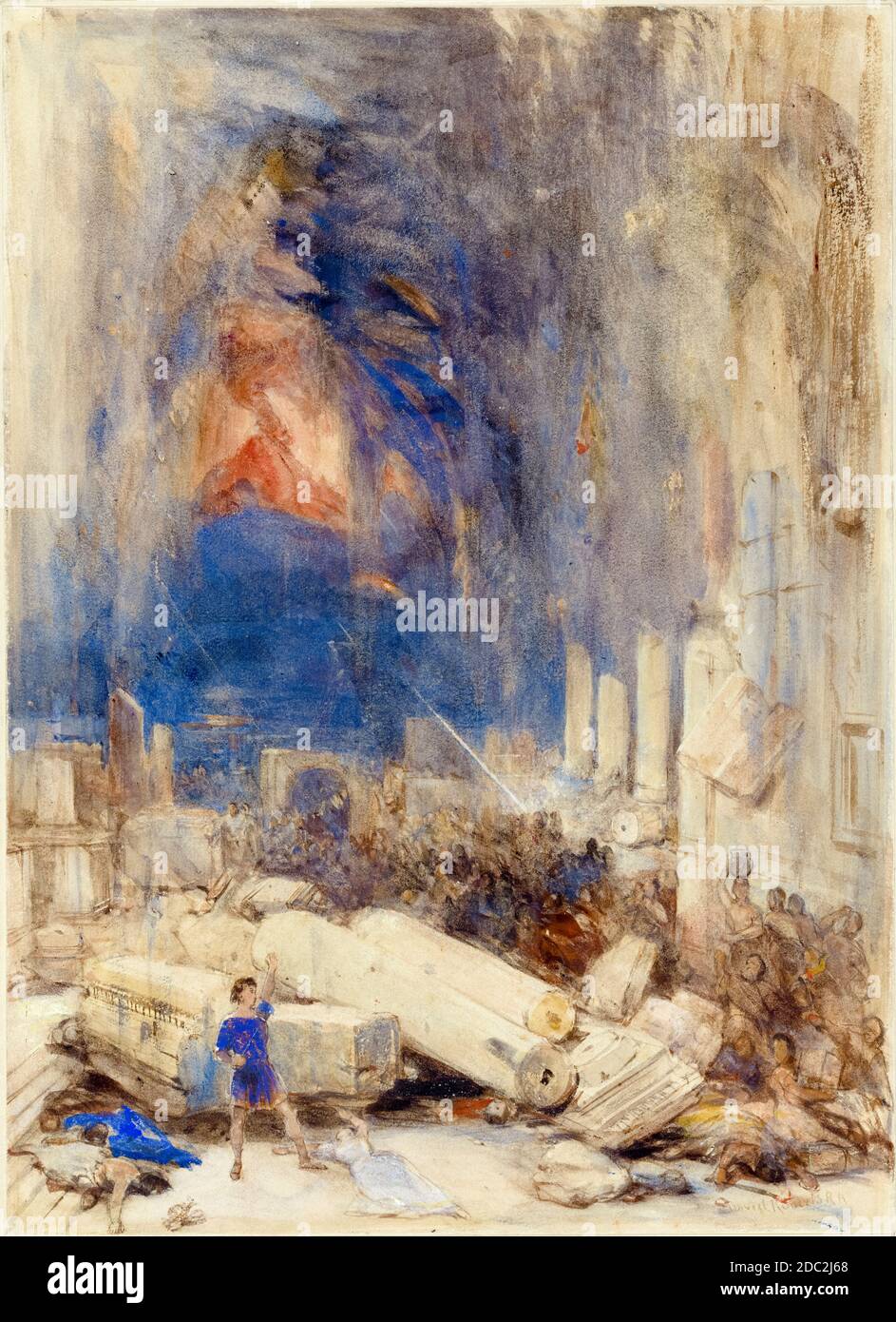 La distruzione di Pompei, acquerello e pastelli su carta, pittura mediatica mista di David Roberts, prima del 1864 Foto Stock