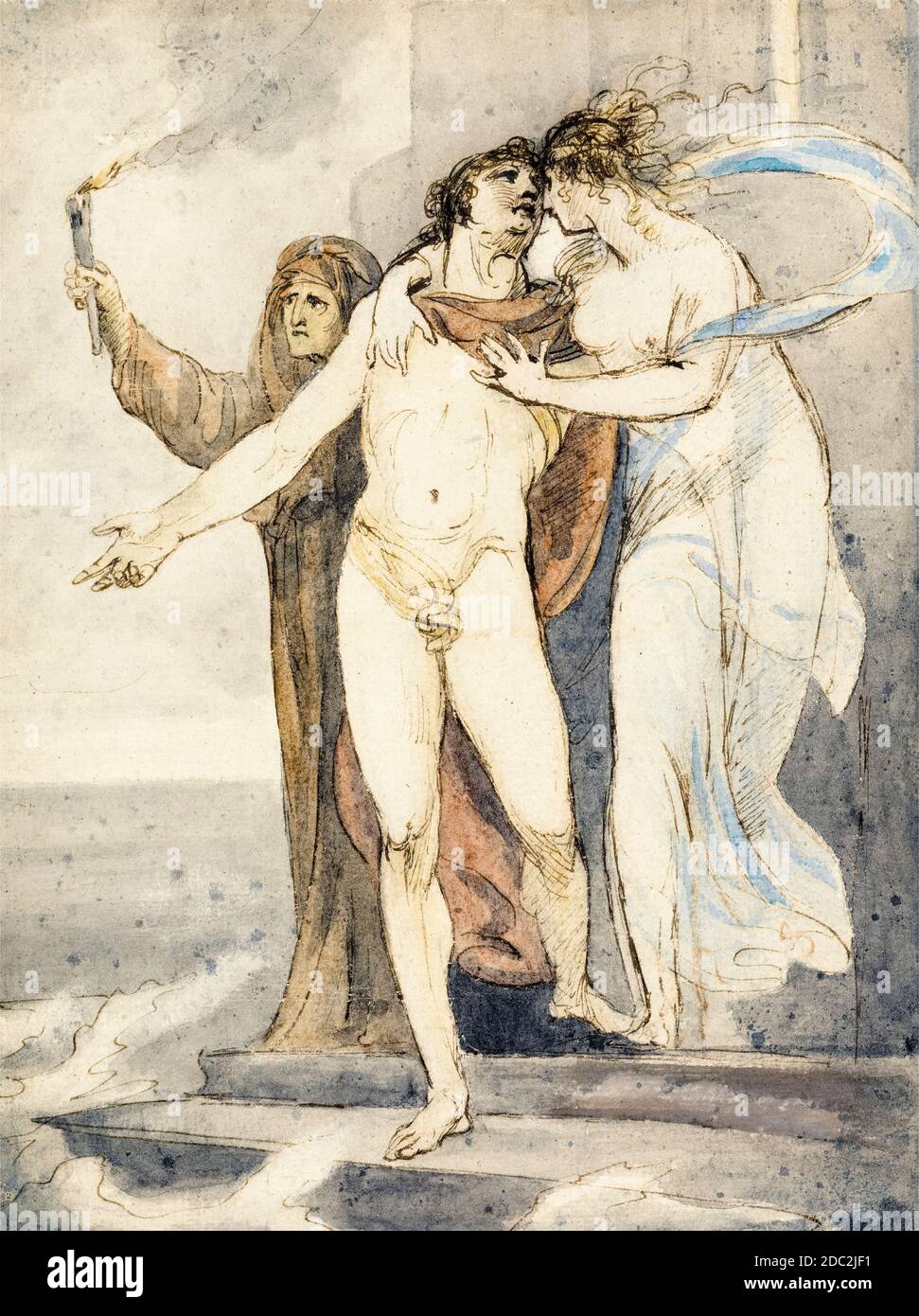 Leander lasciò Hero prima di nuotare indietro attraverso l'Hellespont, dipinto da William Hamilton, prima del 1801 Foto Stock