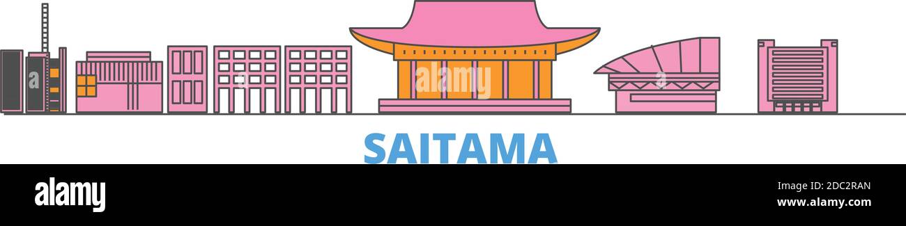 Giappone, Saitama linea paesaggio urbano, vettore piatto. Punto di riferimento della città di viaggio, illustrazione dell'oltino, icone del mondo di linea Illustrazione Vettoriale