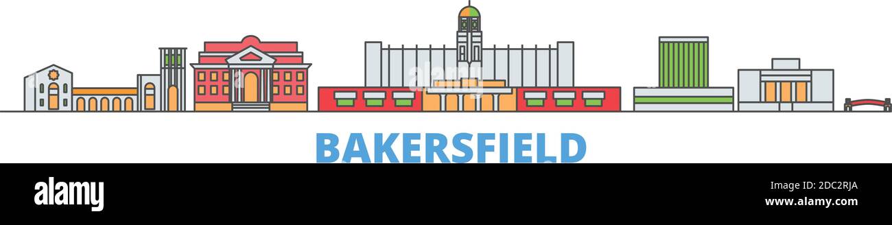 Stati Uniti, Bakersfield linea paesaggio urbano, vettore piatto. Punto di riferimento della città di viaggio, illustrazione dell'oltino, icone del mondo di linea Illustrazione Vettoriale