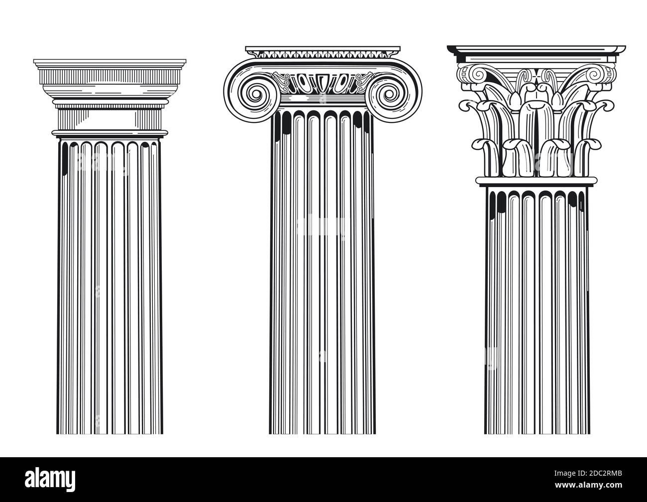 Insieme di tre illustrazioni vettoriali di colonne in stile greco e romano, Dorico, ionico e corinzio. Foto Stock