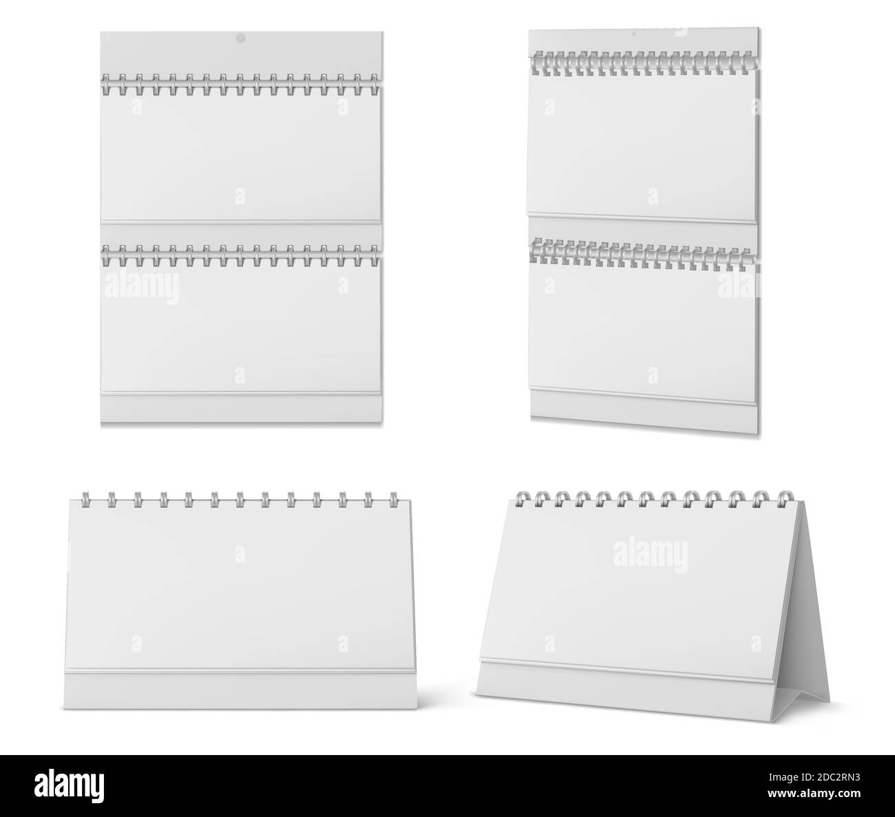 Calendari da tavolo e da parete con spirale e pagine vuote isolate su sfondo bianco. Mockup vettoriale realistico di carta bianca calandre, pianificatore di ufficio o blocco note in piedi sul tavolo o appeso a parete Illustrazione Vettoriale
