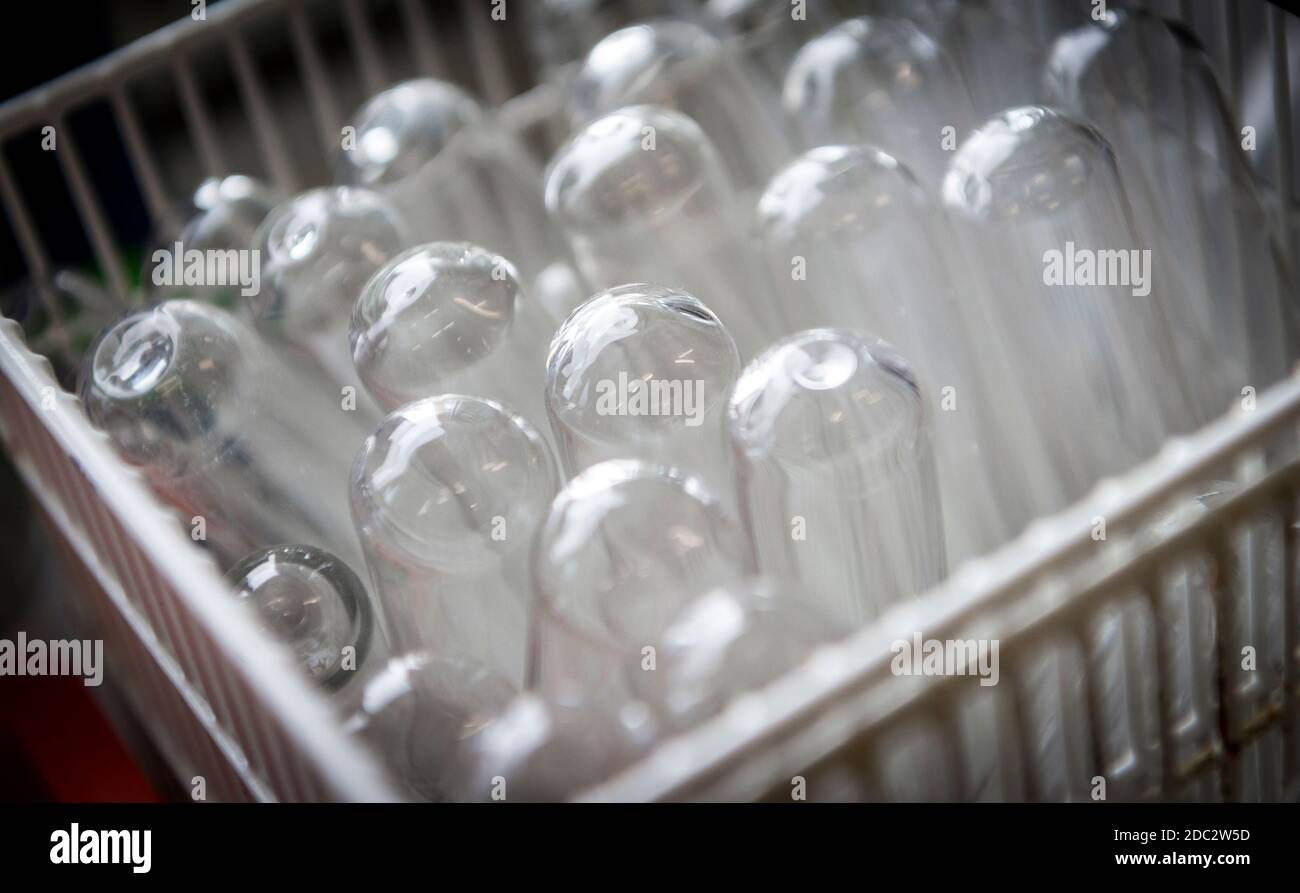 Pulire le provette in un laboratorio scientifico universitario. Foto Stock