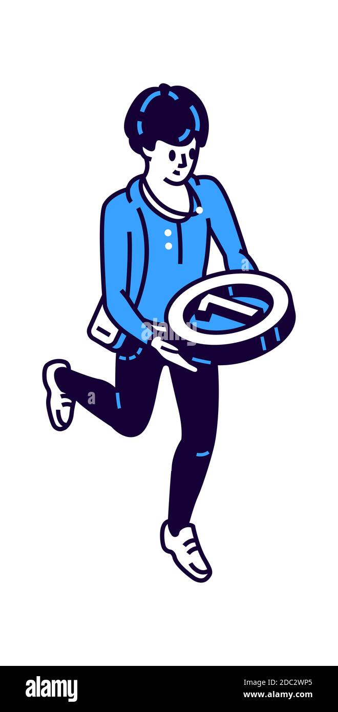 Icona isometrica dell'uomo con medaglia rotonda al primo posto, vincitore del concorso, Illustrazione Vettoriale