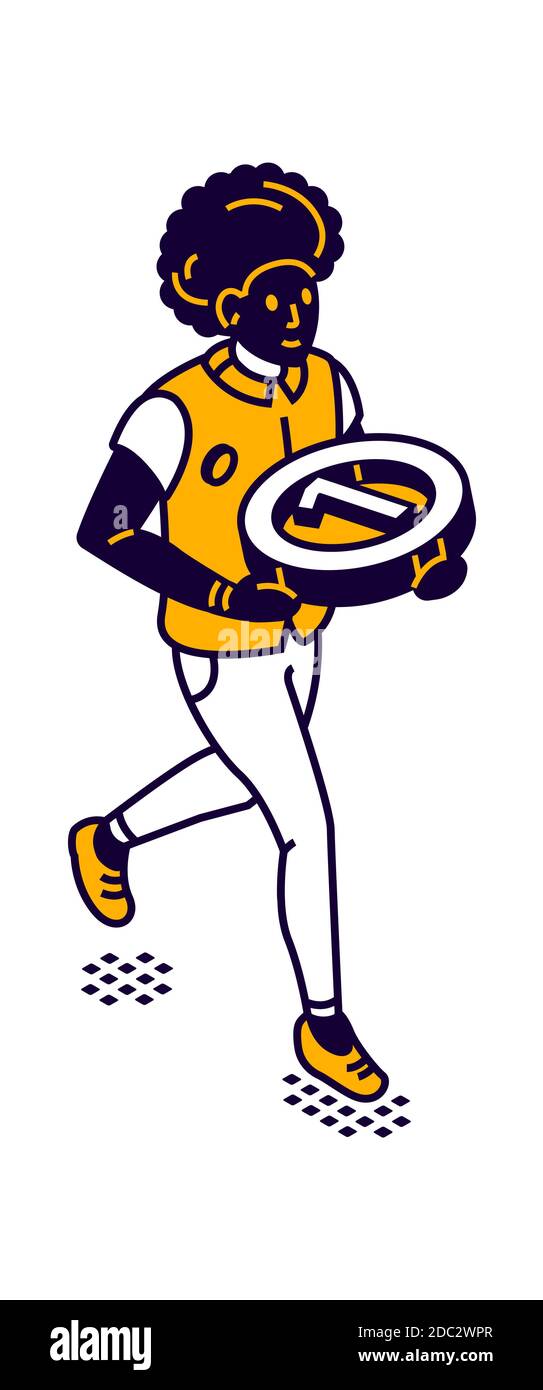 Icona isometrica dell'uomo con medaglia rotonda al primo posto, vincitore del concorso, Illustrazione Vettoriale