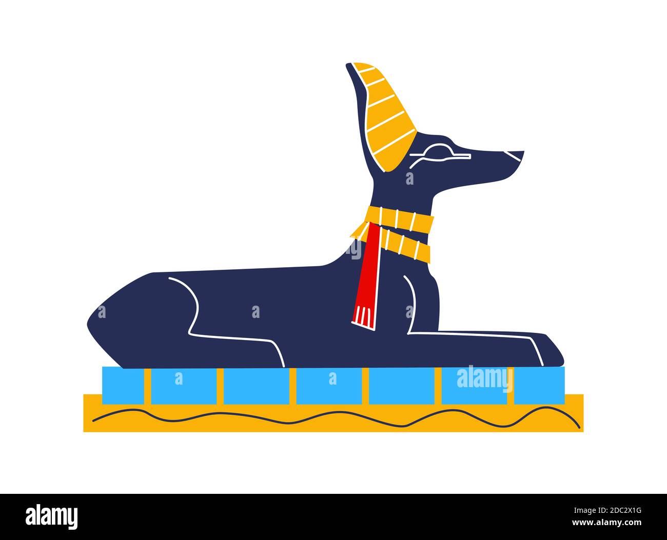 Antica arte murale egiziana o vettore di cartoni animati elemento murale. Pittura monumentale simboli della cultura egiziana, antico dio Anubis, animale figura cane, isolato su bianco Illustrazione Vettoriale