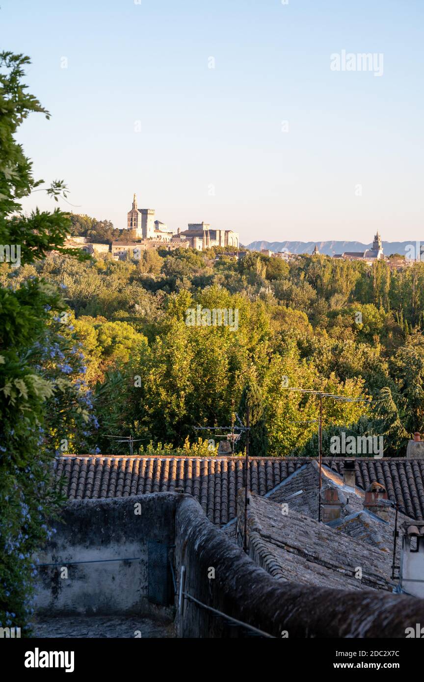 Vecchi edifici e strade strette nella città medievale Villeneuve les Avignon in estate, il turismo in Francia Foto Stock