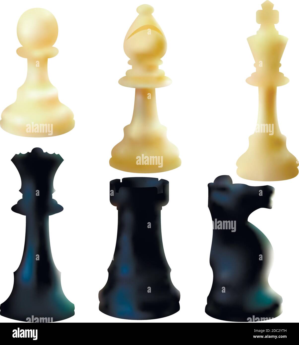 Set di scacchi bianchi e neri in stile 3D su sfondo bianco. Illustrazione vettoriale. Illustrazione Vettoriale