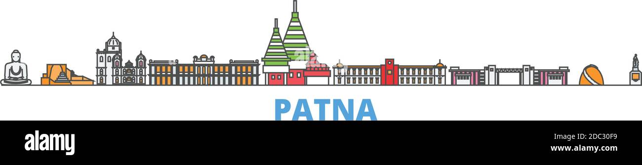 India, Patna linea paesaggio urbano, vettore piatto. Punto di riferimento della città di viaggio, illustrazione dell'oltino, icone del mondo di linea Illustrazione Vettoriale