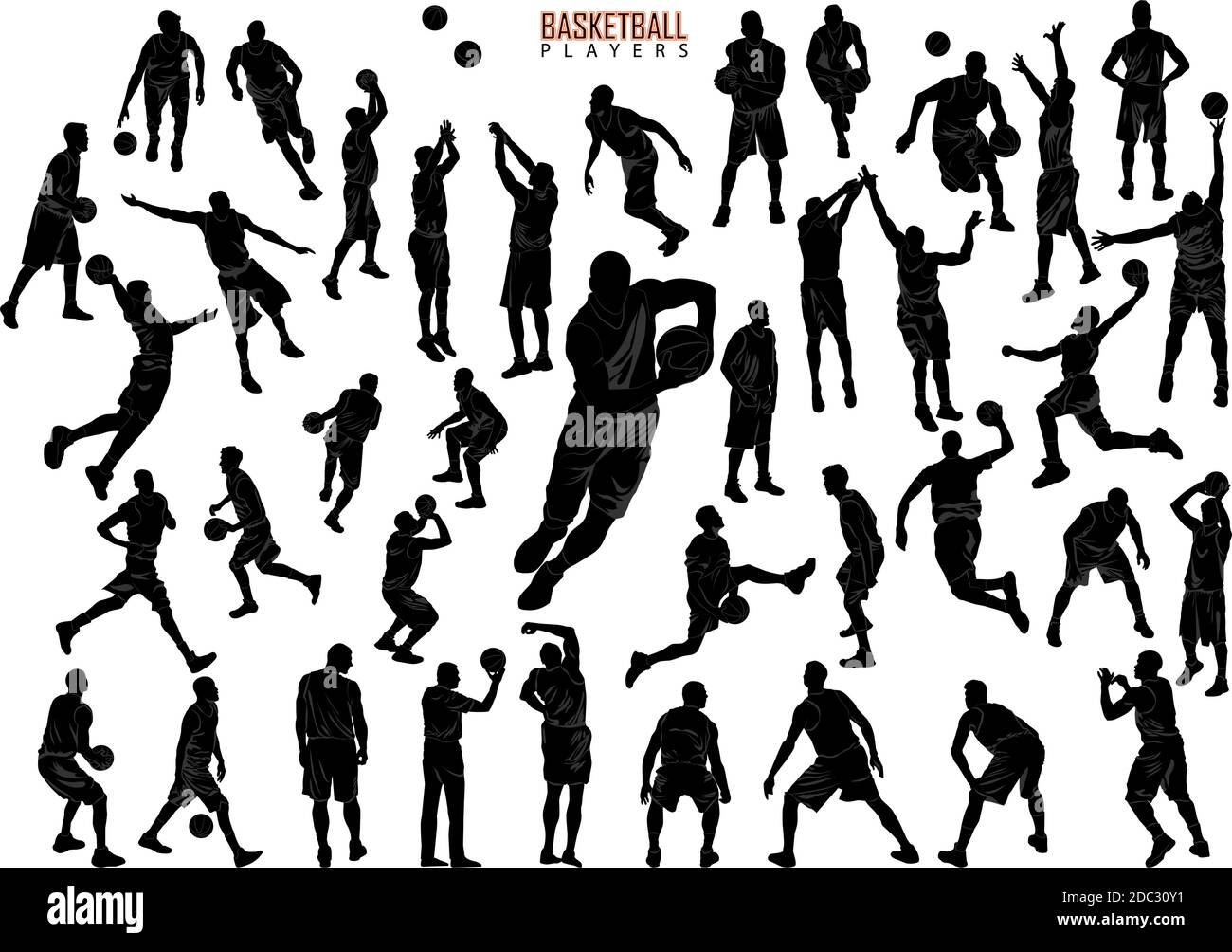 Set vettoriale di silhouette nere per i giocatori di basket Illustrazione Vettoriale