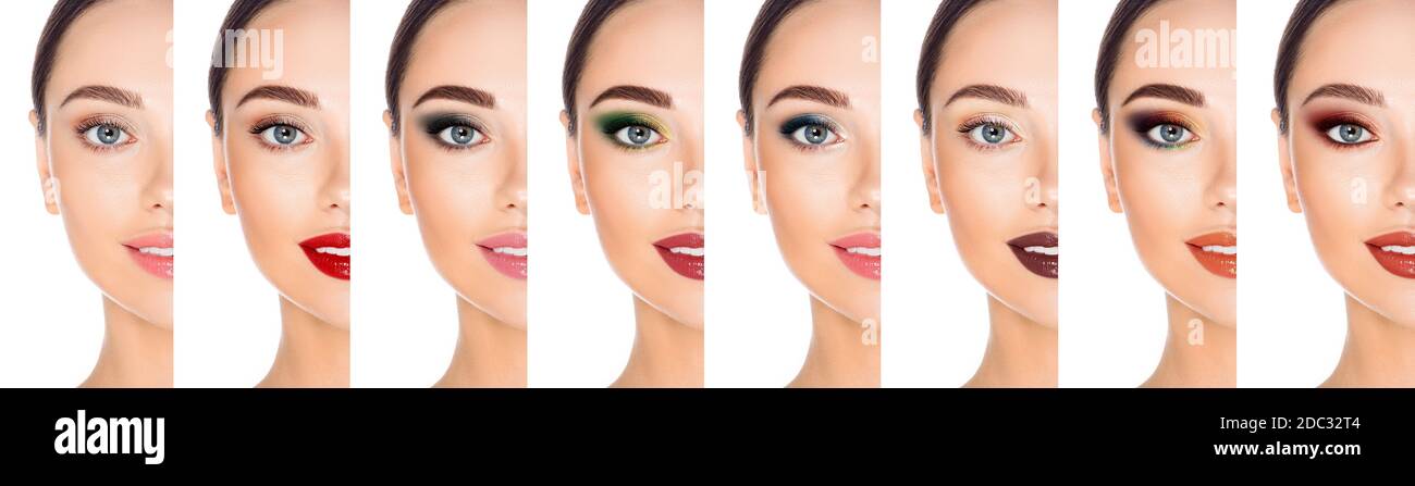Collage diversi tipi di trucco su un primo piano della faccia di una donna. Insieme, variazioni di make-up trendy per una donna con gli occhi grigi Foto Stock