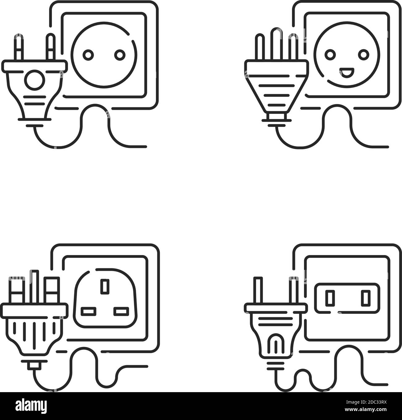 Tipi di prese di corrente, set di icone lineari Illustrazione Vettoriale