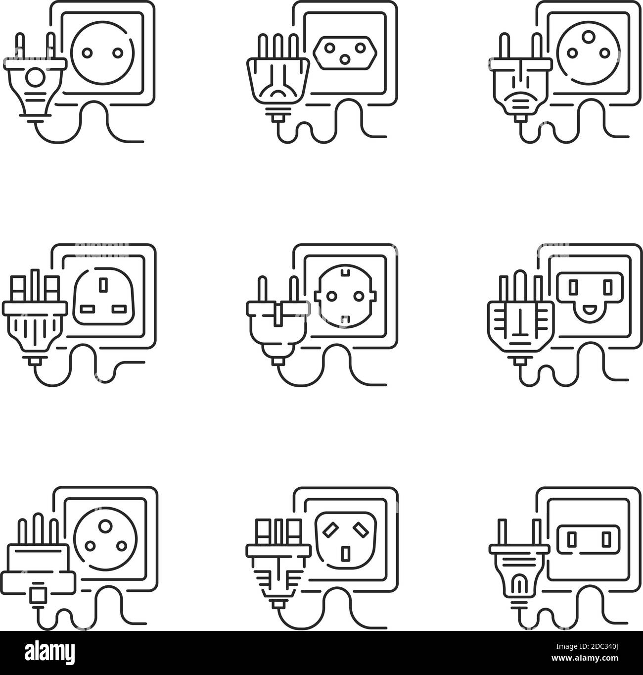Diverse icone lineari delle prese di corrente impostate Illustrazione Vettoriale