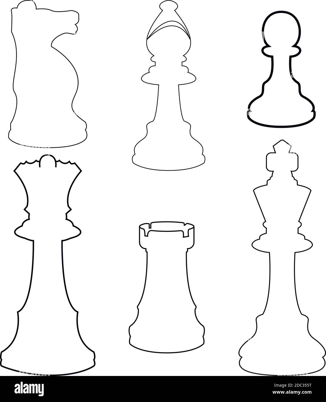 Set di linee vettoriali di pezzi di scacchi per schizzo nero. Collezione completa di figure a scacchi Illustrazione Vettoriale
