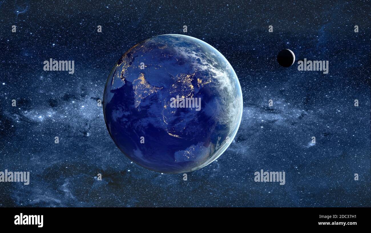 Terra e luna nello spazio di notte con le luci della città Del concetto di Asia Foto Stock