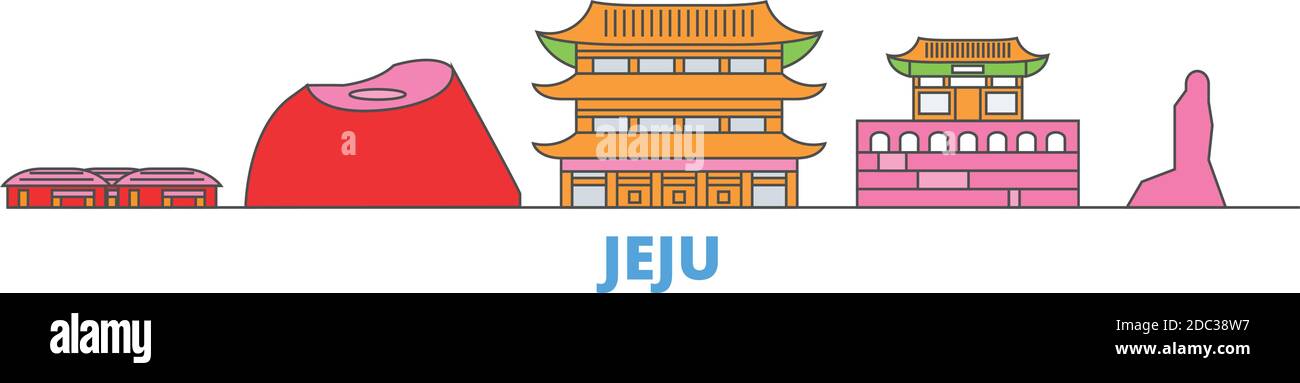 Corea del Sud, Jeju line paesaggio urbano, vettore piatto. Punto di riferimento della città di viaggio, illustrazione dell'oltino, icone del mondo di linea Illustrazione Vettoriale